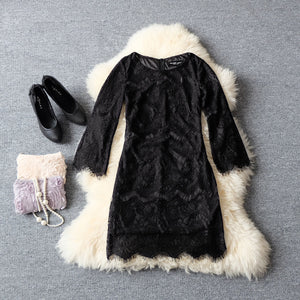 Sweet all-matching eyelash lace slim-fit eight-quarter sleeve bell sleeve A- line dress 6733