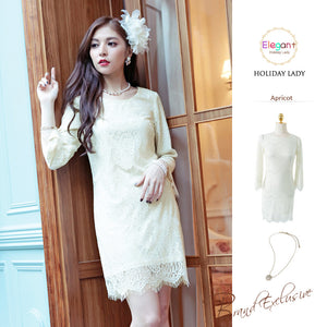 Sweet all-matching eyelash lace slim-fit eight-quarter sleeve bell sleeve A- line dress 6733